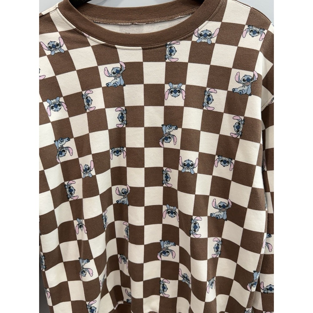 Disney Stitch Checkered Sweatshirt Brown Crewneck Pullover M Nostalgic Playful - Picture 4 of 7